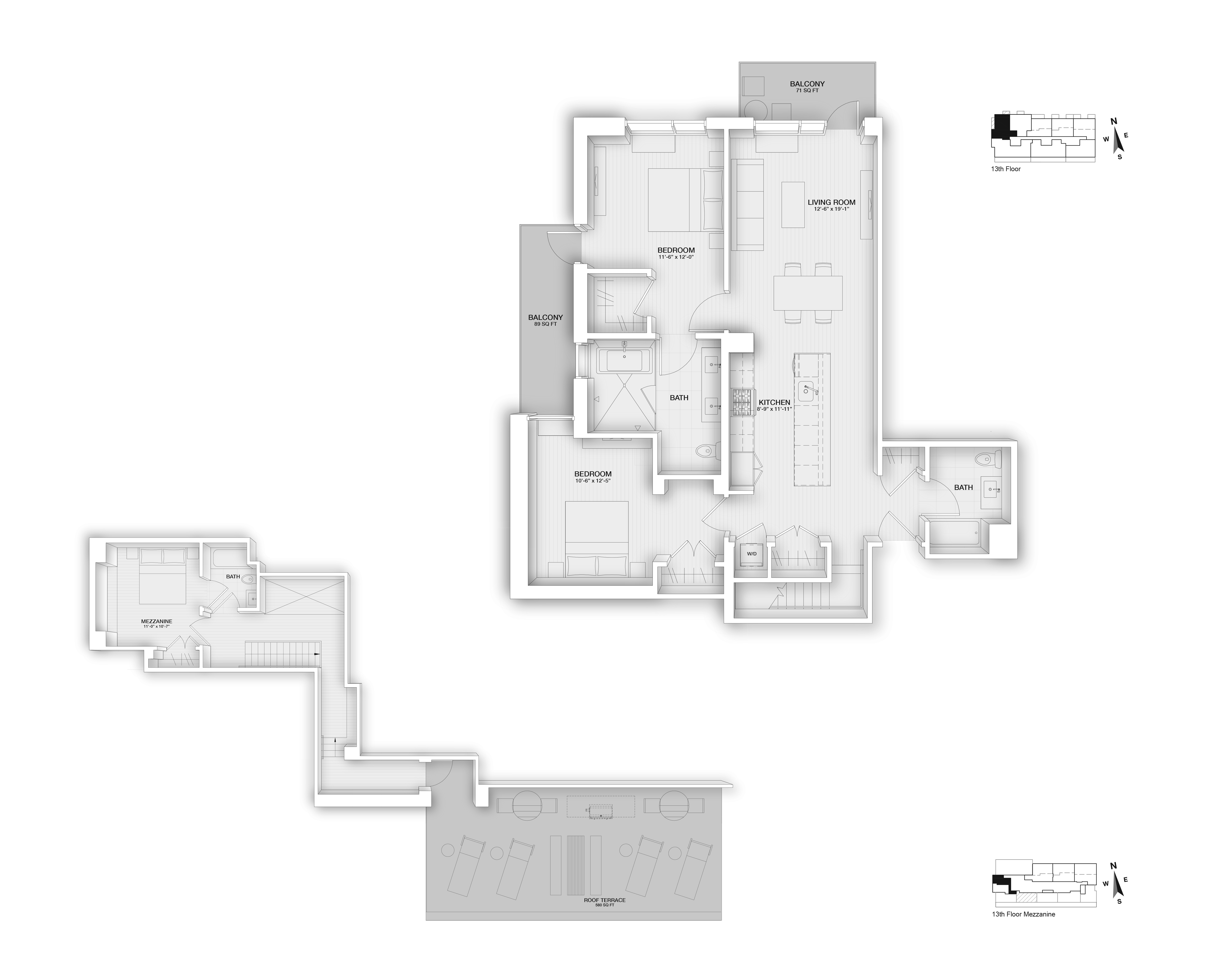 Floor plan for 2 beds, 3 baths, 1446 sqft